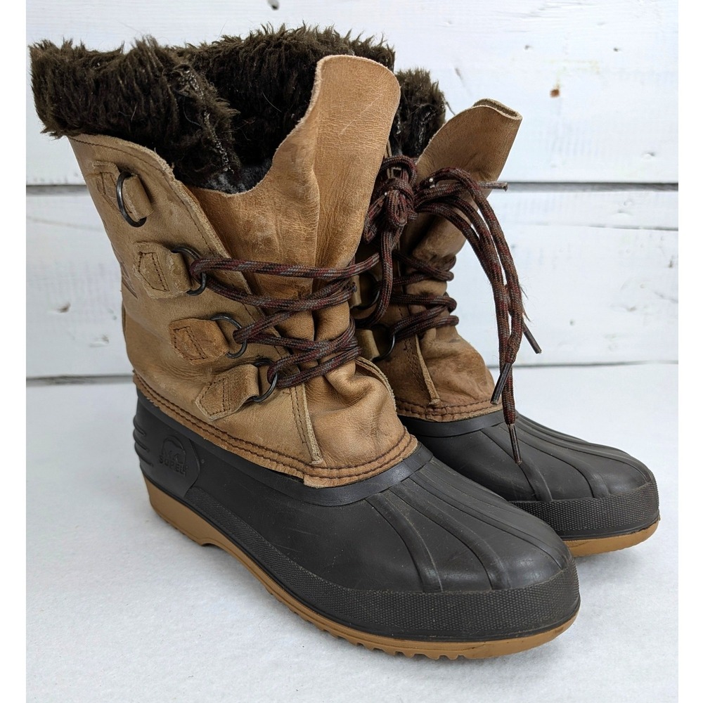 Sorel Womens 8 Tan Leather Rubber Pac Winter Snow Boots Removable Felt Liners - Picture 1 of 11